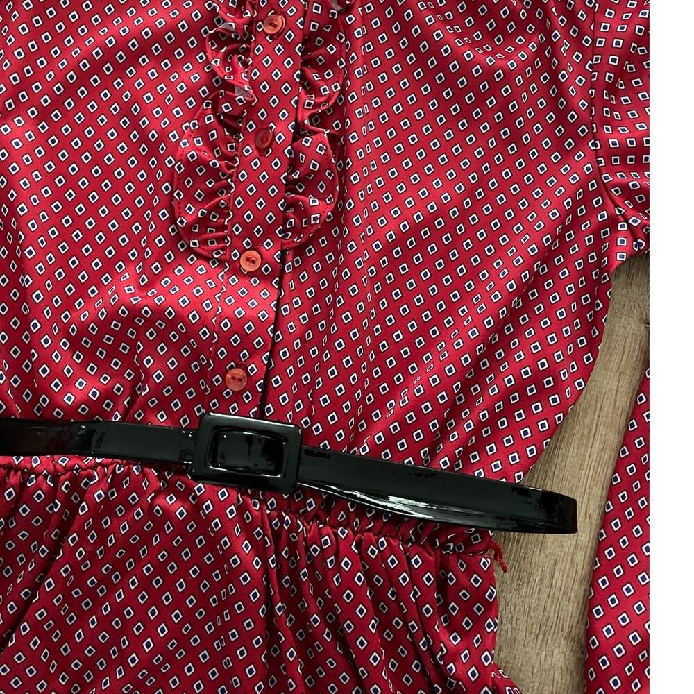 Vtg 70s Sears Polyester Red Patterned Ruffle Dres… - image 5